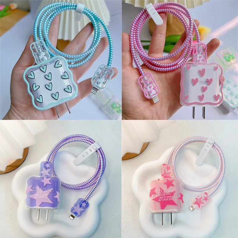5pcs-set Heart Flower Wave Edge Charger Protective Cover Suitable for iPhone Models 12 13 14 15 Supports 18W 20W Fast Charging