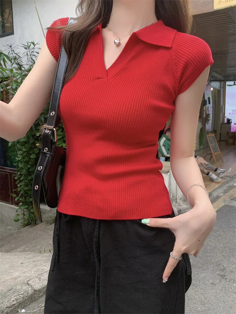 Korean Style Polo Collar Short Sleeve T-shirt Women Summer Breathable Knitted T-shirt Woman Solid Color Slim Fit Blouse Top 2026
