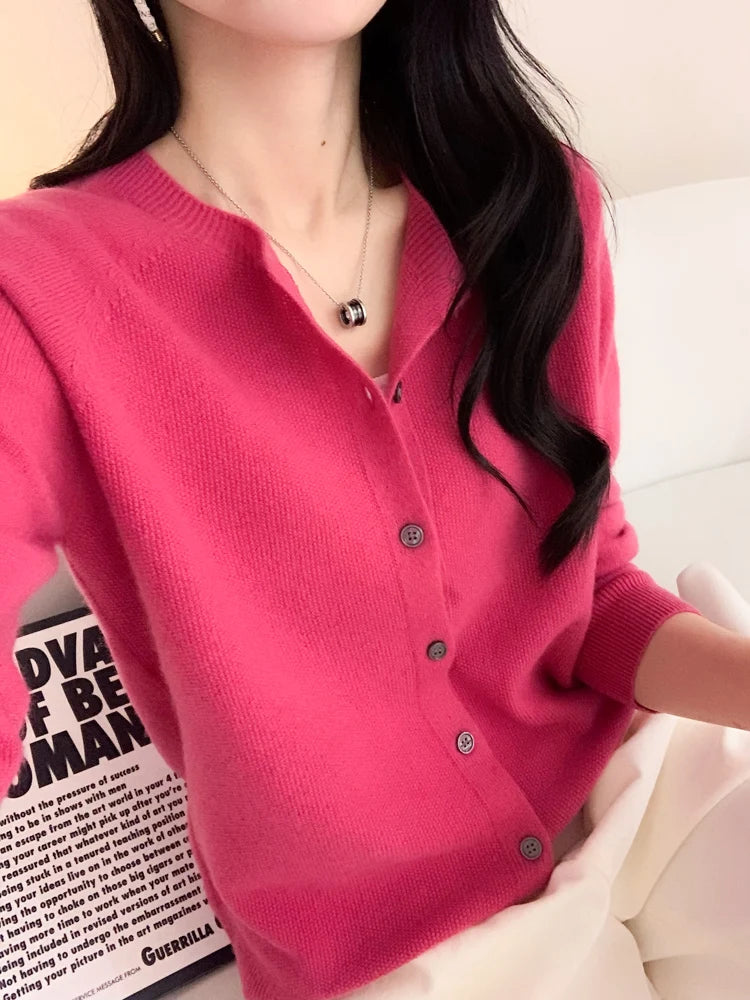 100% Merino Wool Knitwear Autumn Winter Grace Solid Color Basics Cardigan Soft Warm Casual O-Neck Sweater Woman Clothing Tops