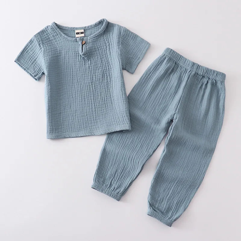 Childrens Set  Summer Cotton and Linen Short Sleeved Pants Set Mens and Women Thin Pure Cotton Pants Loose Two-piece Set