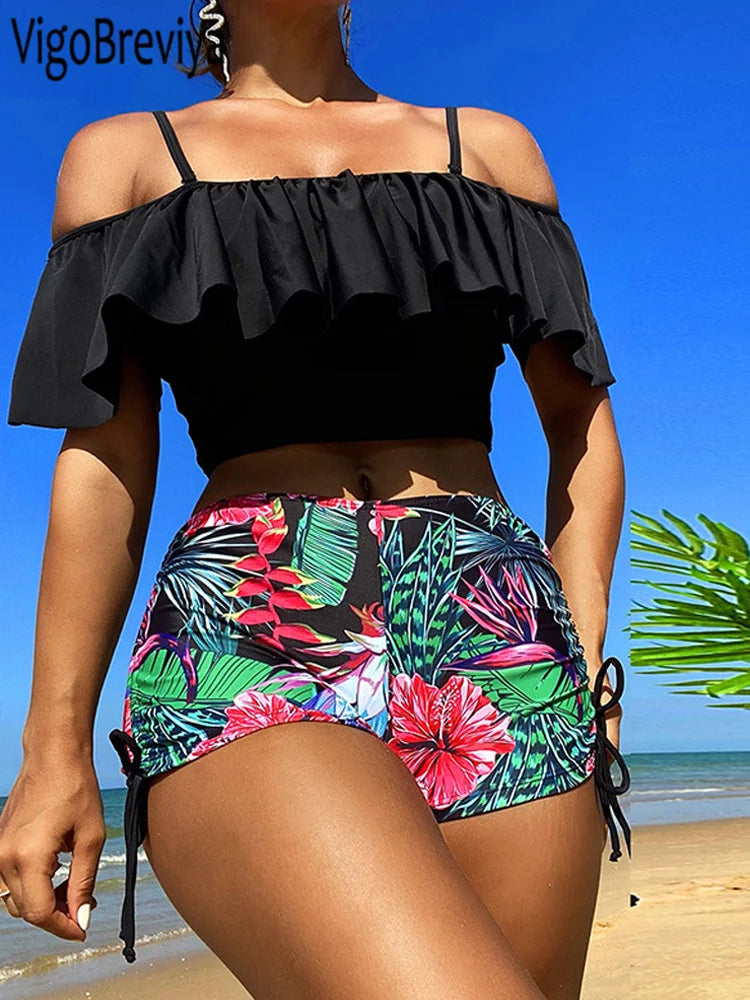 VigoBreviya 2026 Print Off Shoulder Strapped Swimwear Women Push Up High Waist Bikini Sexy Backless Swimsuit Summer Bathing Suit