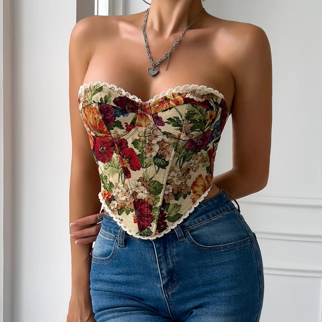 Sexy Club Wear V Neck Printed Strappy Sleeveless Vest Woman,Y2K Retro Slim Crop Top Street Style Bare Shoulder Fishbone Corset