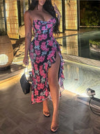 Women's fashionable beach retro floral print fashion dress with suspender dress