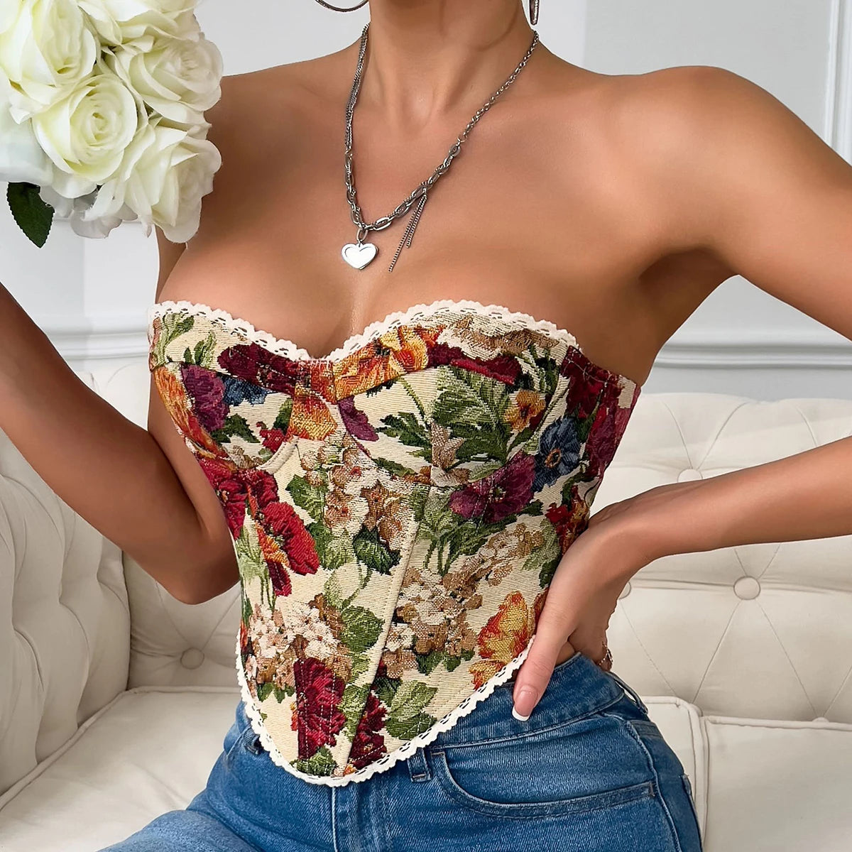 Sexy Club Wear V Neck Printed Strappy Sleeveless Vest Woman,Y2K Retro Slim Crop Top Street Style Bare Shoulder Fishbone Corset