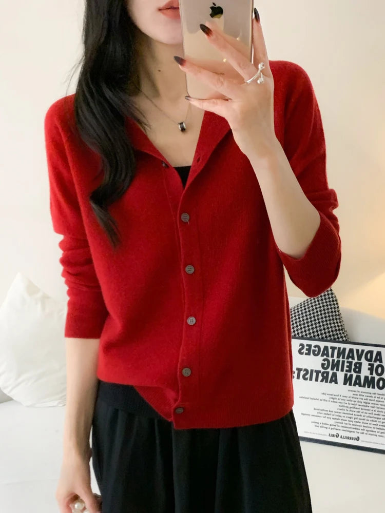 100% Merino Wool Knitwear Autumn Winter Grace Solid Color Basics Cardigan Soft Warm Casual O-Neck Sweater Woman Clothing Tops