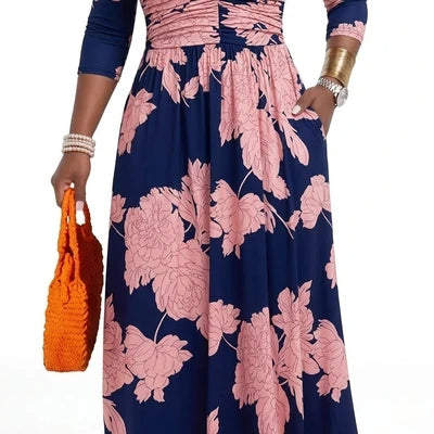 Plus Size Women's Pullover Sexy V Neck  3/4 Sleeve  Loose Long for Women Fashion Printed Summer  Casual Maxi Dresses With Pocket