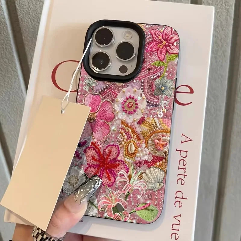 Floral And Beaded Patchwork Design Phone Case For iPhone 17 Pro Max 16 Plus 15 Pro 14 13 12 11 XR XS 17Air Soft Cover