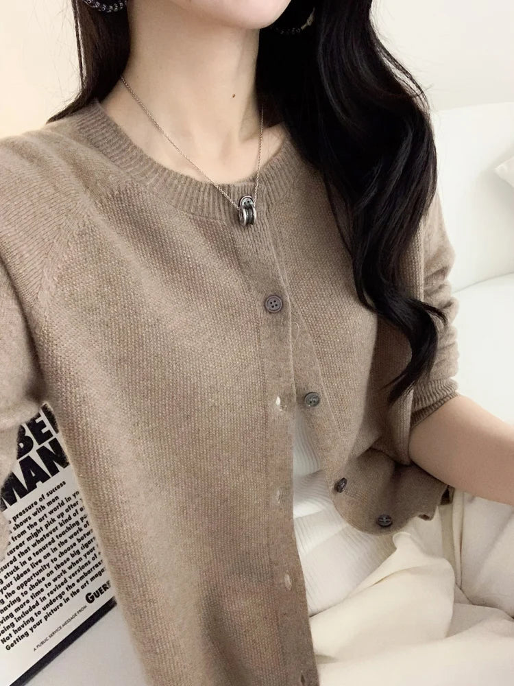 100% Merino Wool Knitwear Autumn Winter Grace Solid Color Basics Cardigan Soft Warm Casual O-Neck Sweater Woman Clothing Tops