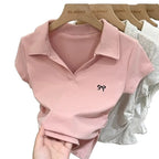 Summer Short Sleeve T-Shirt Women's Butterfly Embroidery Polo Collar Short Style Fashionable Top Cotton Material Flip Collar