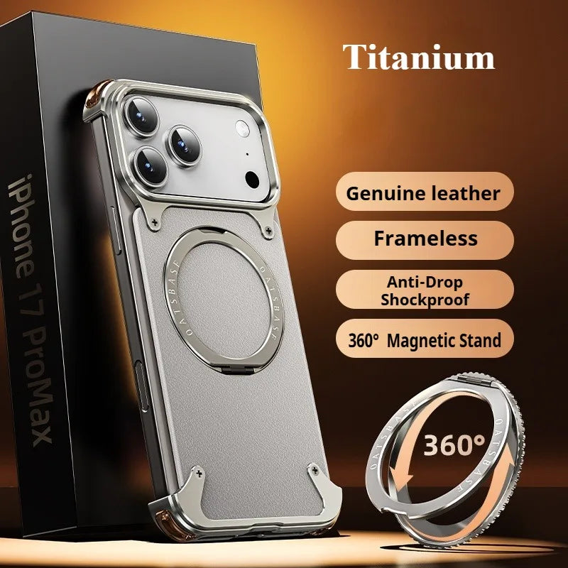 Eary for iPhone 17 Pro Max Air Phone Case Genuine Leather for Magsafe Frameless Shell 360°Rotate Magnetic Stand Anti-Drop Cover