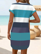 Women'S Fashion Summer Striped Print Mini Dress Loose Pockets Short Sleeved Shirt Dress Casual Plus Size Pullover Dress 2025 New