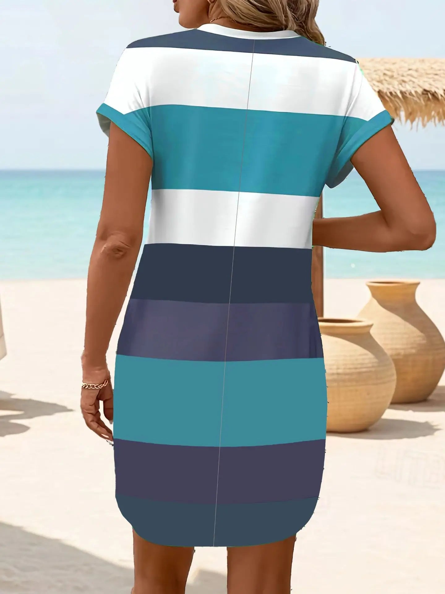 Women'S Fashion Summer Striped Print Mini Dress Loose Pockets Short Sleeved Shirt Dress Casual Plus Size Pullover Dress 2025 New
