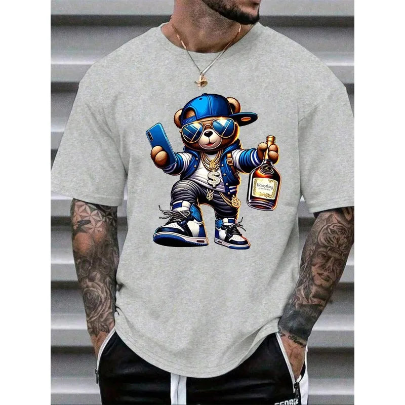 Men's Summer 100% Cotton Fashionable Casual Loose Large Size Cartoon  Printed Sports Round Neck Short Sleeve T-shirt Top