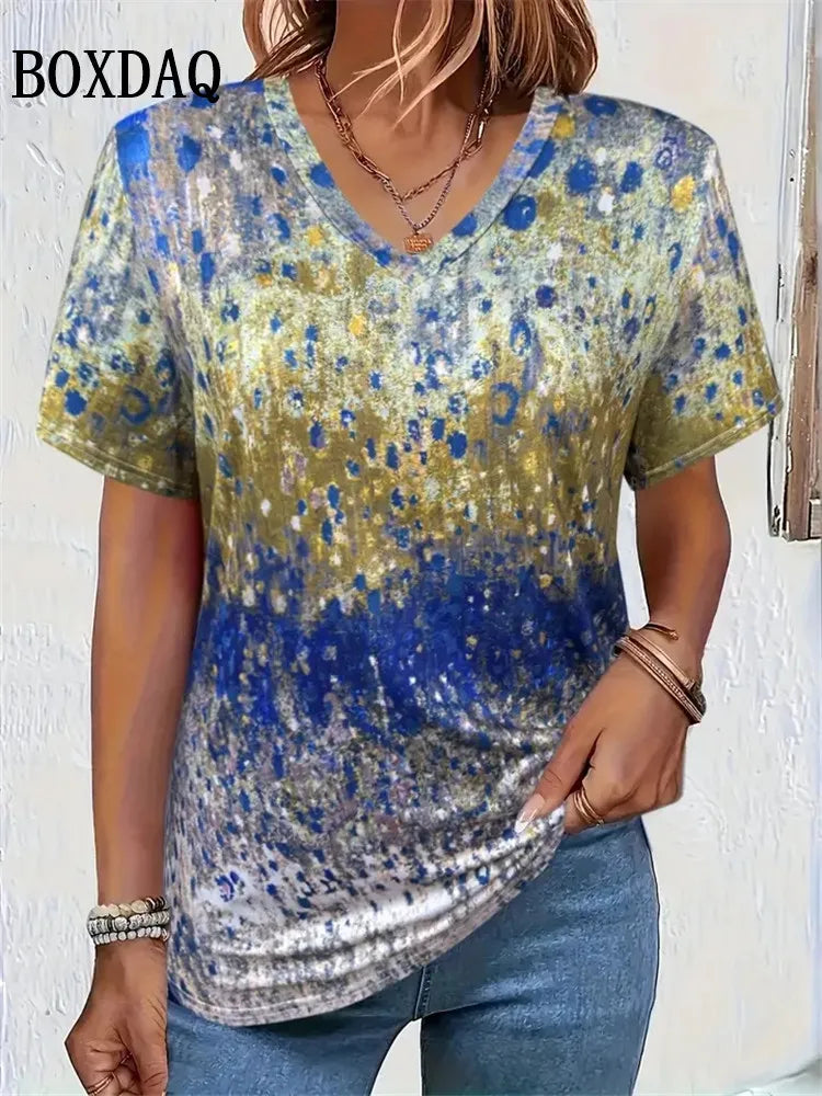 Summer Women Plus Size T Shirts 8XL Large Size Tops Casual V-Neck Short Sleeeve Loose Shirts Vintage Tie Dye Print Pullover Tops