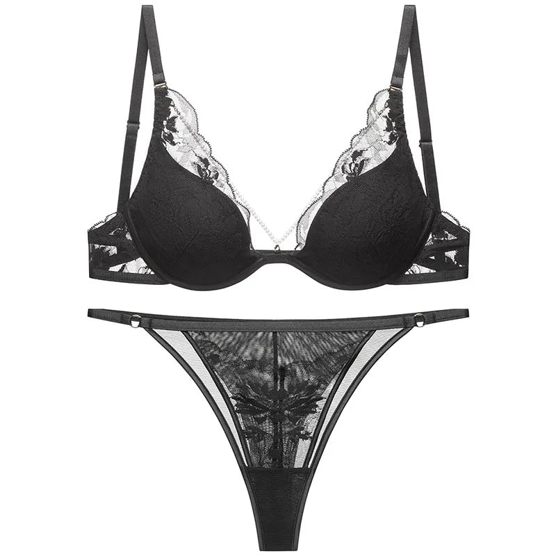 Logirlve French Thin Women Lingerie Set Sexy Satin Lace Splicing Comfort Bras Print Temptation Bra and Thong Sets Underwear
