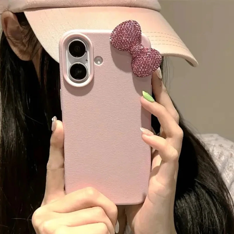 Luxury Rhinestone Bow Litchi Pattern Leather Phone Case For iPhone 17 16 15 14 13 12 11 Pro Max X XS Plus Soft Shockproof Cover