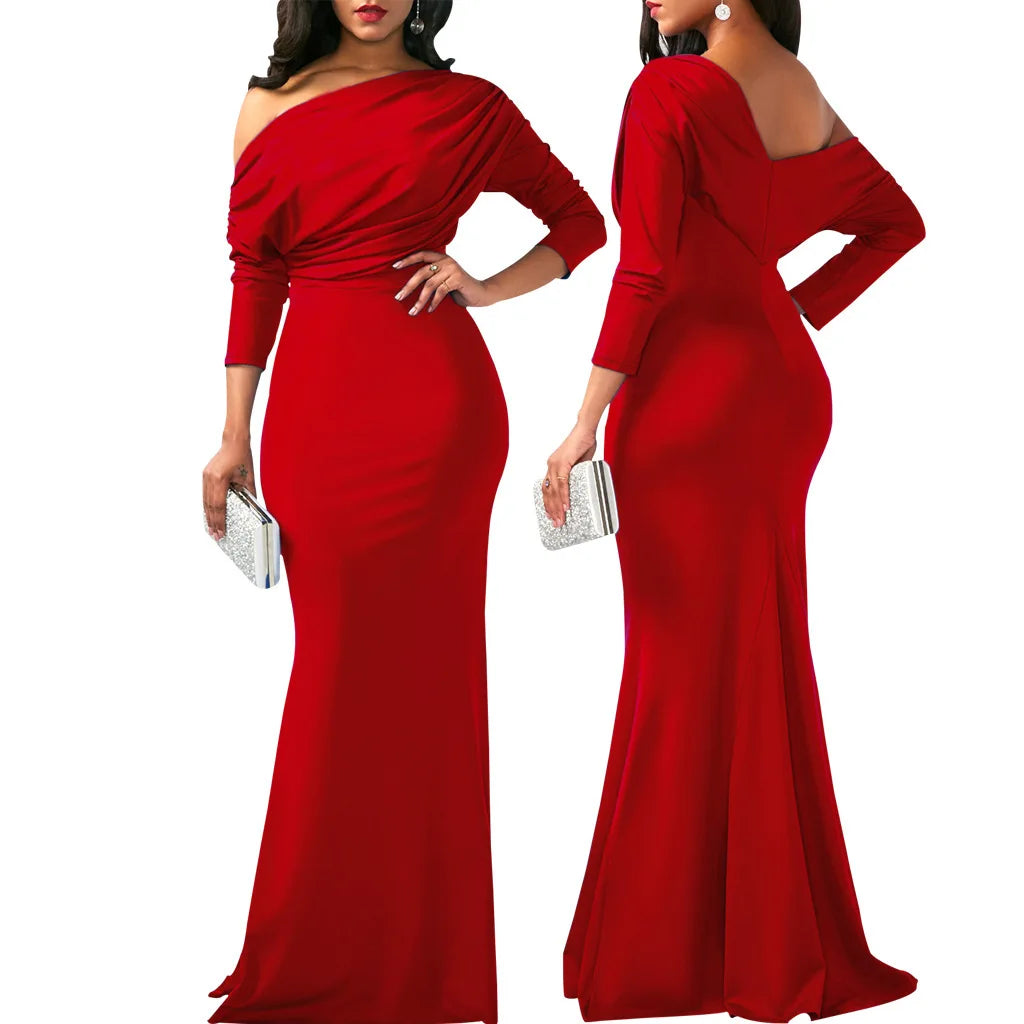 Sexy Fashionable Asymmetrical Shoulder Women's Dress with Slight Creasing on Chest Independent Station 2025 Long Evening Gown