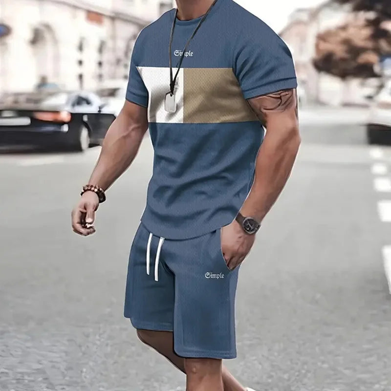 2024 Fashion Men's Sportswear Short Sleeve T Shirt And Sports Shorts Summer Casual Vintage Patchwork Suit Men's Two Piece Suit