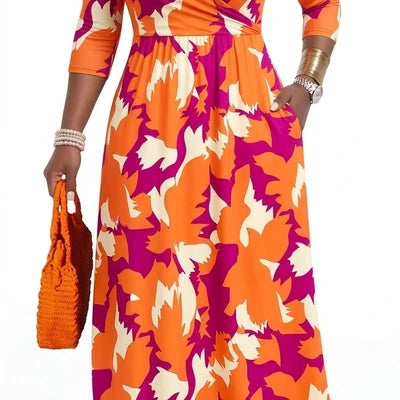 Plus Size Women's Pullover Sexy V Neck  3/4 Sleeve  Loose Long for Women Fashion Printed Summer  Casual Maxi Dresses With Pocket
