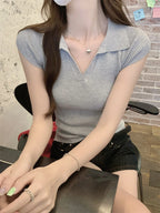 Korean Style Polo Collar Short Sleeve T-shirt Women Summer Breathable Knitted T-shirt Woman Solid Color Slim Fit Blouse Top 2026