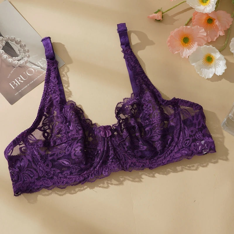 Women Sexy Lace Thin Bras Plus Size Lace Bra 34-40 B/C Cup Push Up Bralette Hollow Out Lingerie for Curvy Female Underwear