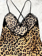 Women's Silk V-Neck Lace Trim Leopard Print Nightdress Slit Camisole Sensual Loungewear Lightweight All-Season