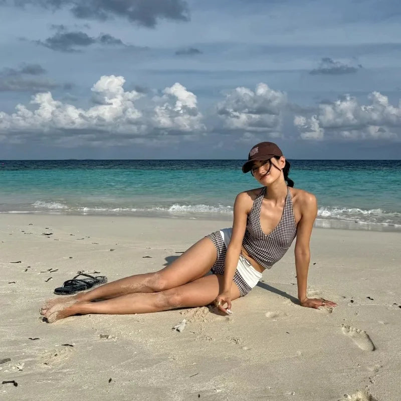Women's 2 Piece Tankini Set Brown White Gingham Halter V Neck Top With Contrast Waist Tie Shorts Summer Beach Bathing Swimwear