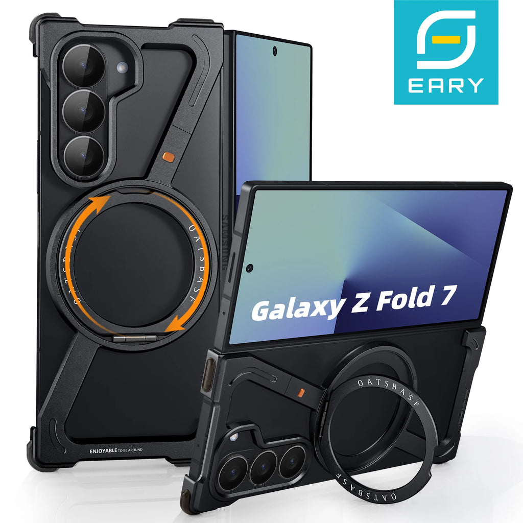 Eary Aluminium Metal Case for Samsung Galaxy Z Fold 7 w/ 360°Rotatable Magnetic Stand Frameless Bumper Shockproof Phone Cover