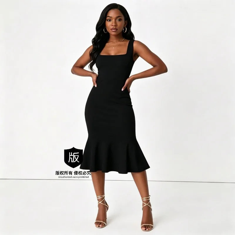 Sexy and fashionable solid color U-neck dress elegant vacation off shoulder cold shoulder backless wavy ruffled hem