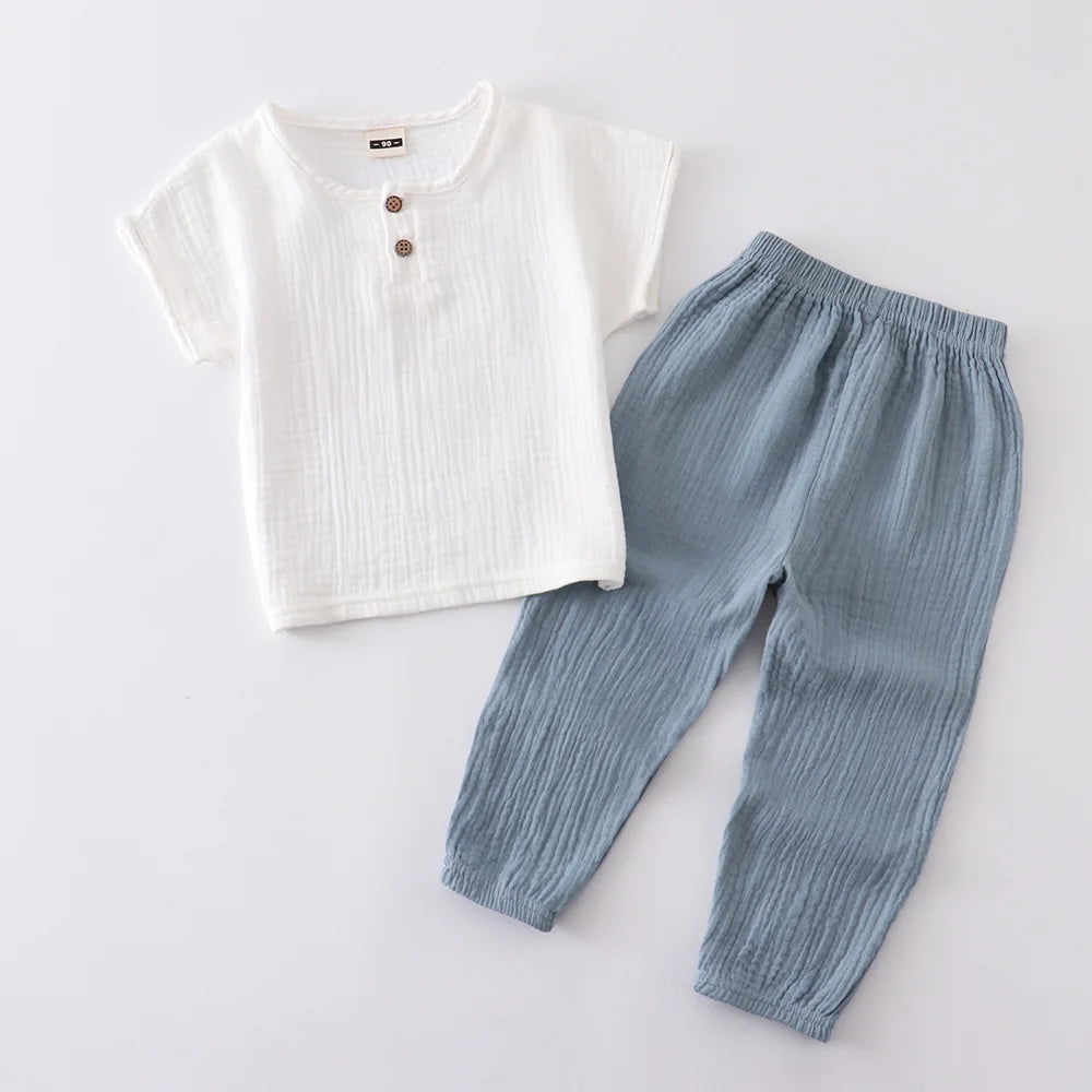 Childrens Set  Summer Cotton and Linen Short Sleeved Pants Set Mens and Women Thin Pure Cotton Pants Loose Two-piece Set