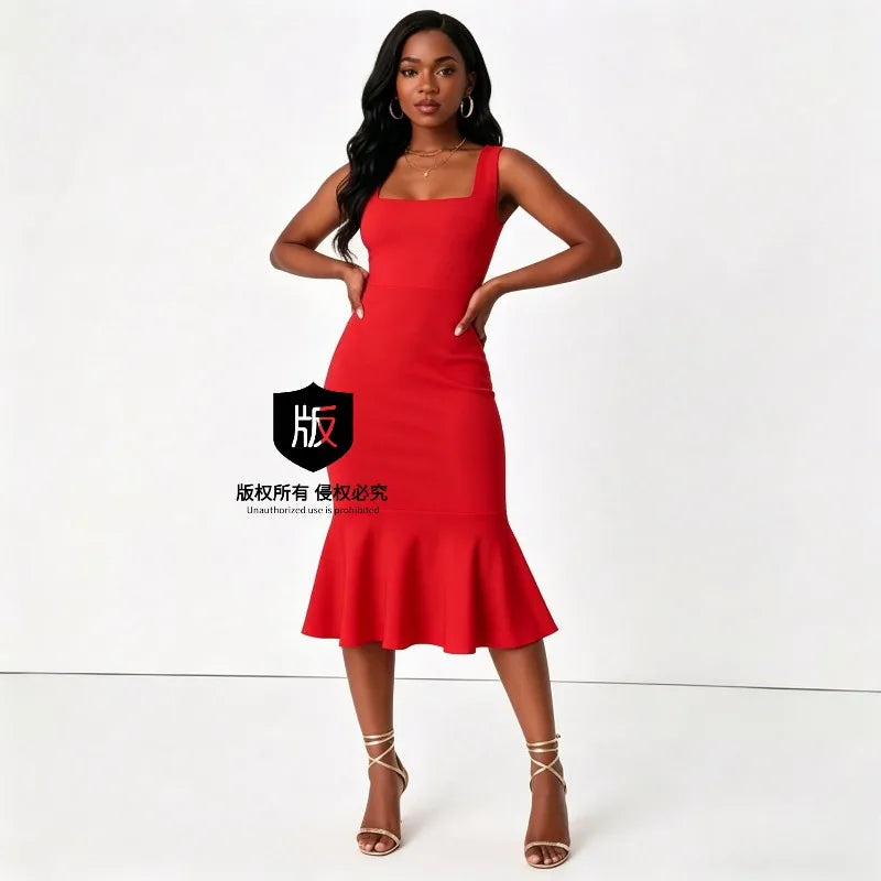 Sexy and fashionable solid color U-neck dress elegant vacation off shoulder cold shoulder backless wavy ruffled hem
