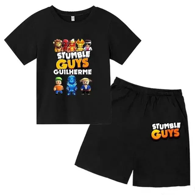 Summer 2pcs Guys Short Sleeve T-shirts+Pants Suits 3-13 Years Boys Girls Outfits Children  Kids Funny Game Print Stumble Clothes