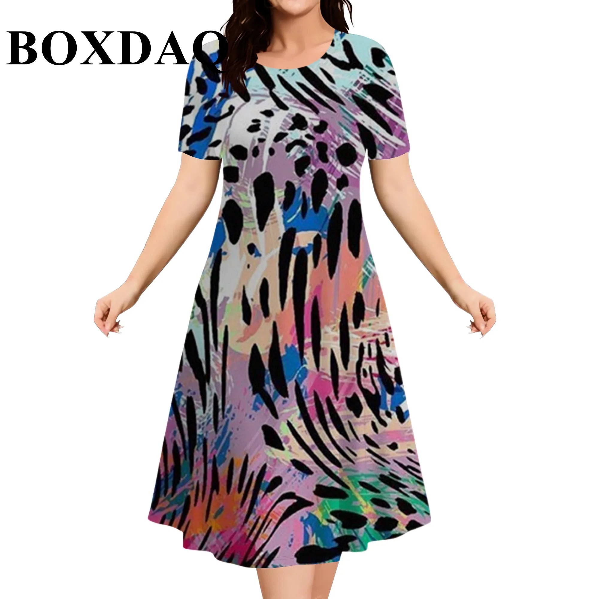 Elegant Fashioin Leopard Print Short Sleeve Dresses For Women 2026 Summer Casual Loose O-Neck A-Line Dress Plus Size 6XL Clothes