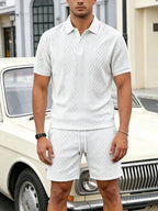 mens textured jacquard polo shirt and shorts set casual breathable short sleeve two piece tracksuit for men
