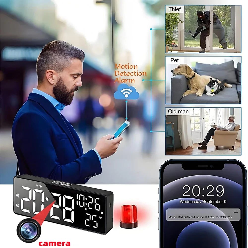 Mini 4K HD camera, supports remote viewing, motion detection, digital lights can be turned off, ringing alarm clock camera