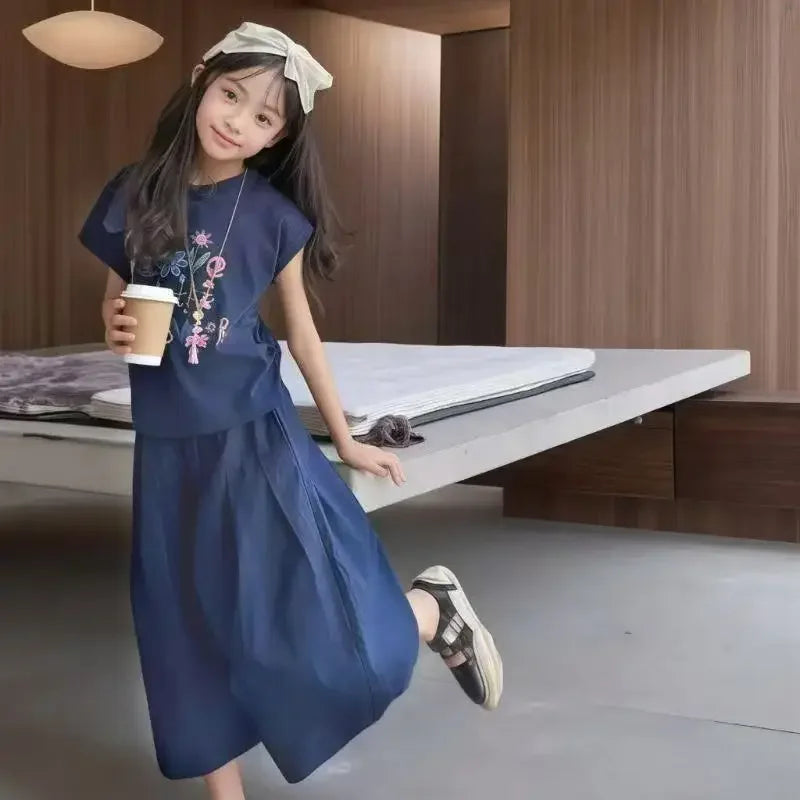 90-165cm Girls Summer 2 Piece Set,  Wide Leg Pants, Casual Kids Outfit for Teen Girls