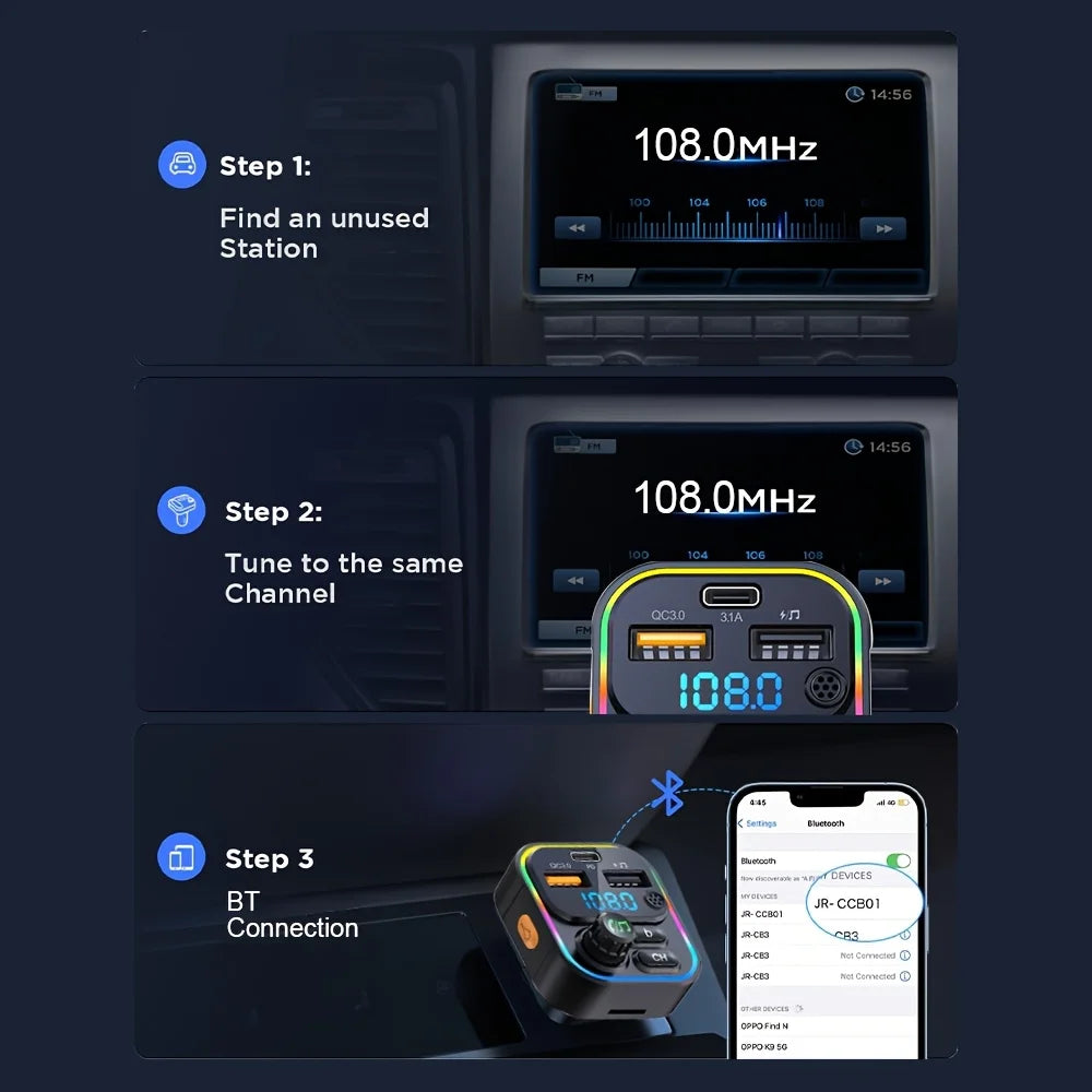 FM Transmitter Bluetooth 5.3 Handsfree Car AUX Radio Modulator MP3 Player with PD20W QC3.0 Fast Charge Adapter Car Accessories