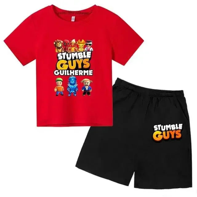 Summer 2pcs Guys Short Sleeve T-shirts+Pants Suits 3-13 Years Boys Girls Outfits Children  Kids Funny Game Print Stumble Clothes