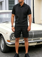 mens textured jacquard polo shirt and shorts set casual breathable short sleeve two piece tracksuit for men