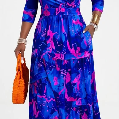 Plus Size Women's Pullover Sexy V Neck  3/4 Sleeve  Loose Long for Women Fashion Printed Summer  Casual Maxi Dresses With Pocket