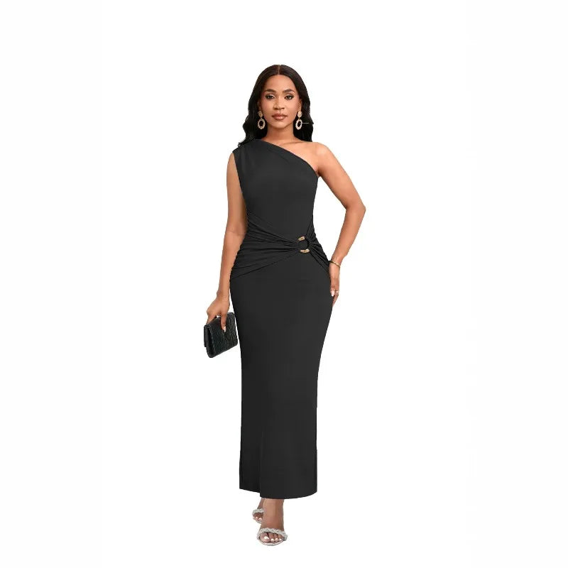 High end luxury crossover single shoulder wrap skirt with metal accessories suitable for women's elegant satin high waist figure
