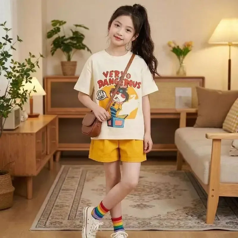 90-165cm Girls Summer 2 Piece Set,  Wide Leg Pants, Casual Kids Outfit for Teen Girls