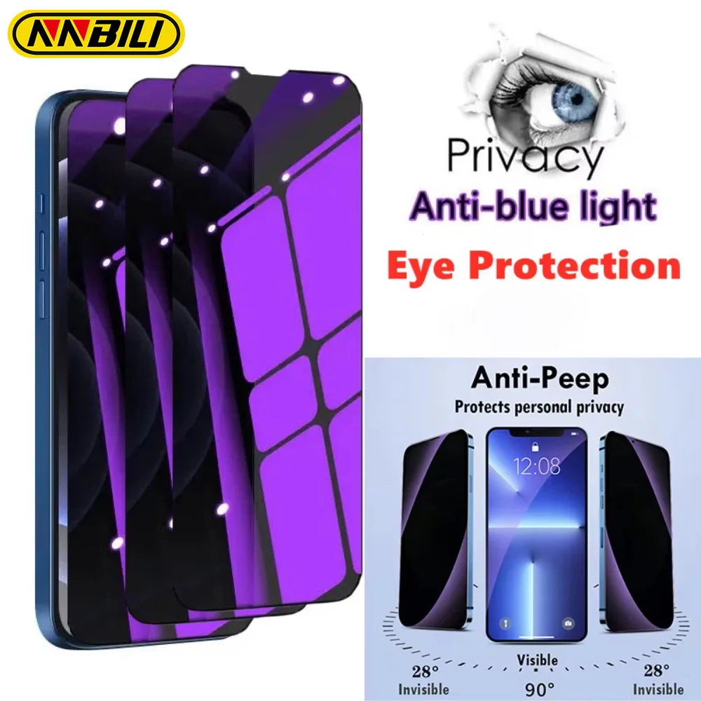 NNBILI 1-3 Pcs Anti Blue Light Privacy Tempered Glass For iPhone 15 16 14 13 17 Pro Max  Eye Protection Clear Screen Protector ﻿