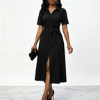 Women White Dress Elegant V-neck Mid-sleeve Bow Trim At Chest  A-line Solid Slit Hem Chic Banquet Resort Cocktail Party
