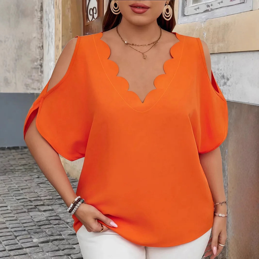 2025 Summer Women's T Shirt Elegant Wave V-Neck Off-Shoulder Short-Sleeved Fashion Tops Casual Solid Color Plus Size Female Tops