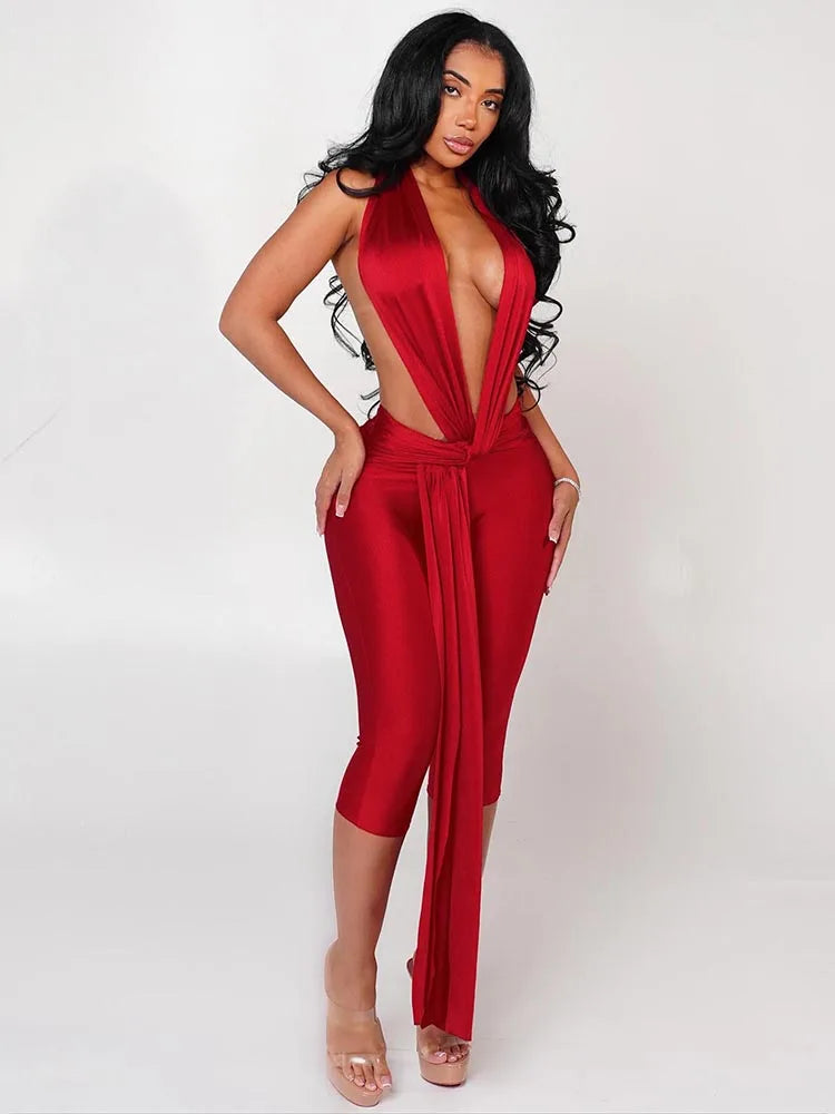 Weird Puss Ribbon Halter Romper Women Backless Patchwork Sleeveless Elastic Workout Activewear Midnight Activity Slim Playsuits