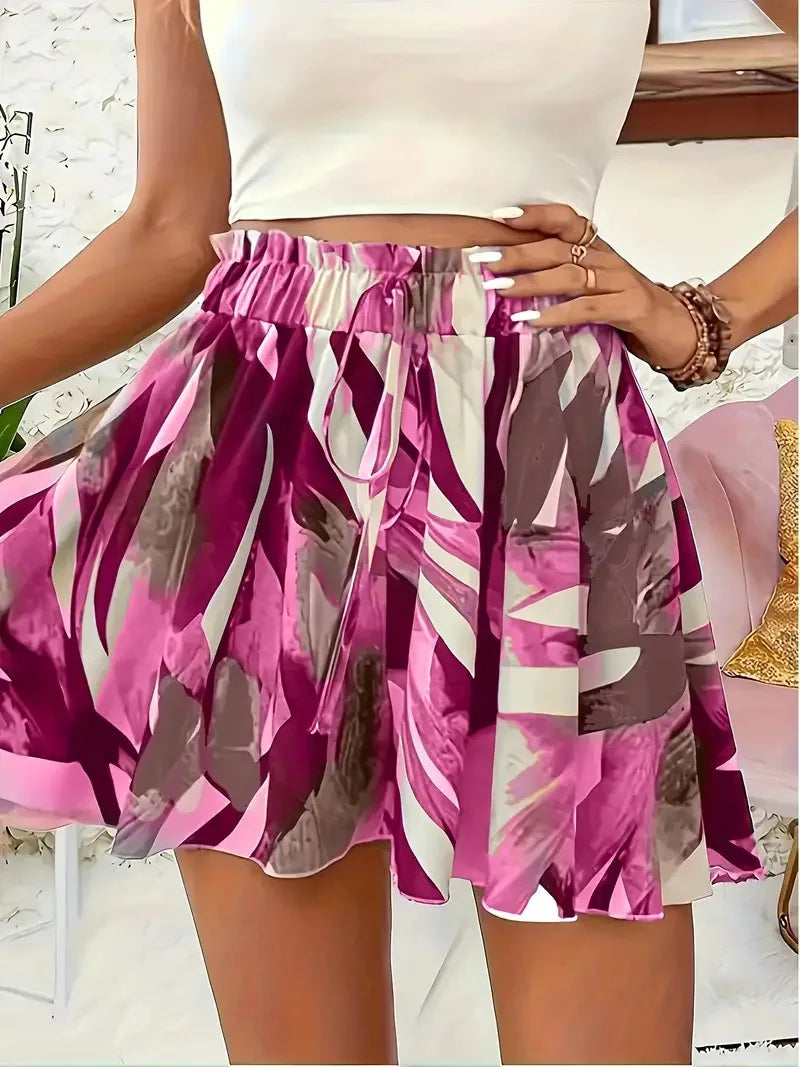 Women Floral Print Vacation Beachwear Shorts Skirts Summer High Elastic Waist Lace Up Drawstring Wide Leg Short Vestidos