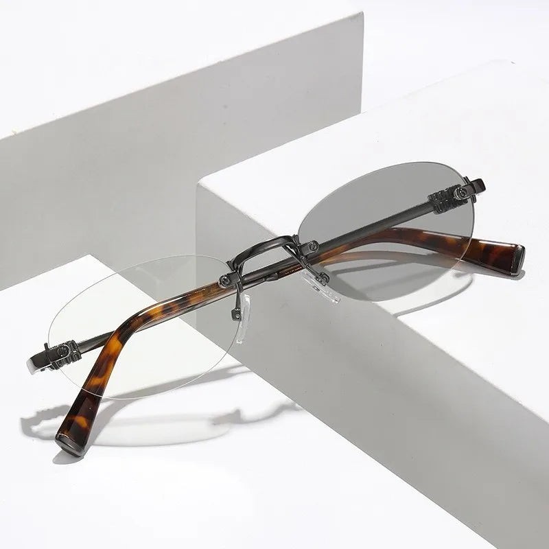 Fashion Women Rimless Photochromic Sunglasses Oval Metal Frame Transition Lens UV400 Protective Elegant Eyewear