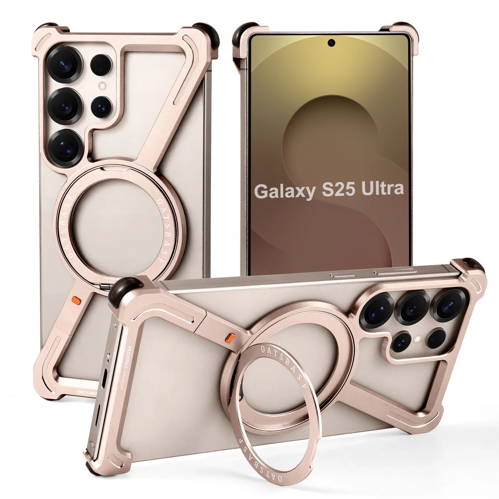 Eary Magnetic Frameless Phone Case For Samsung Galaxy S25 S24 Ultra With 360°Rotatable Stand Metal Protective Shockproof Bumper