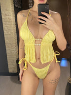 Wrinkled Tankini Halter Bikini Women Swimwear Female Swimsuit Two-pieces Bikini set High Cut Leg Bather Bathing Suit Swim V7154